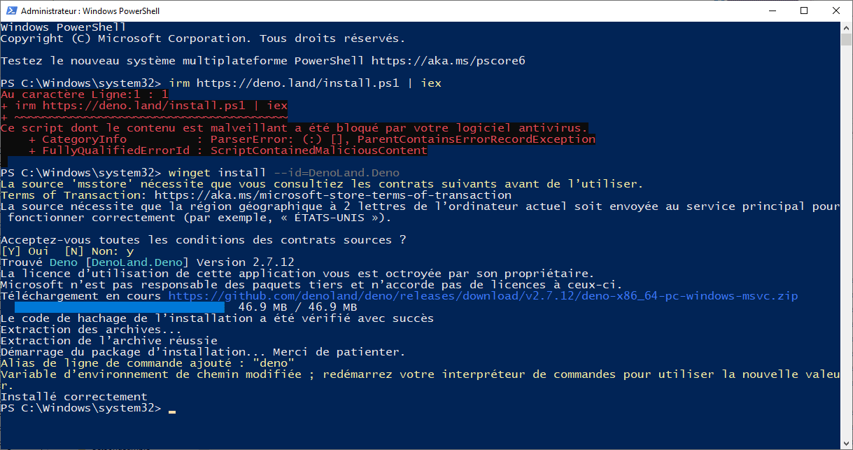 Installation de Deno dans Powershell