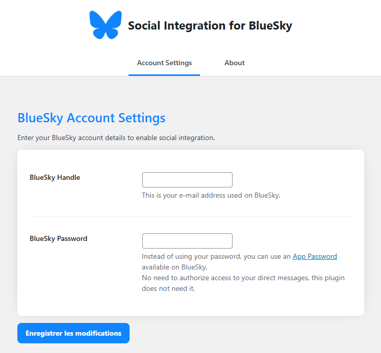 Paramètres de l'extension WordPress Social integration for Bluesky