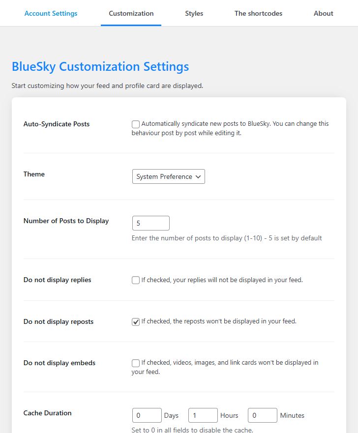 Extension WordPress Social integration onglet customization