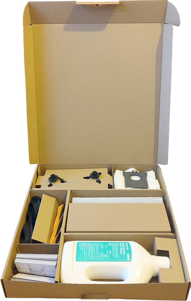 Boite des pièces de rechange et flacon de détergent