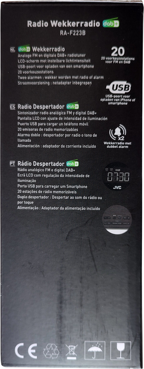 Autre côté de la boîte du radio-réveil JVC RA-F223B