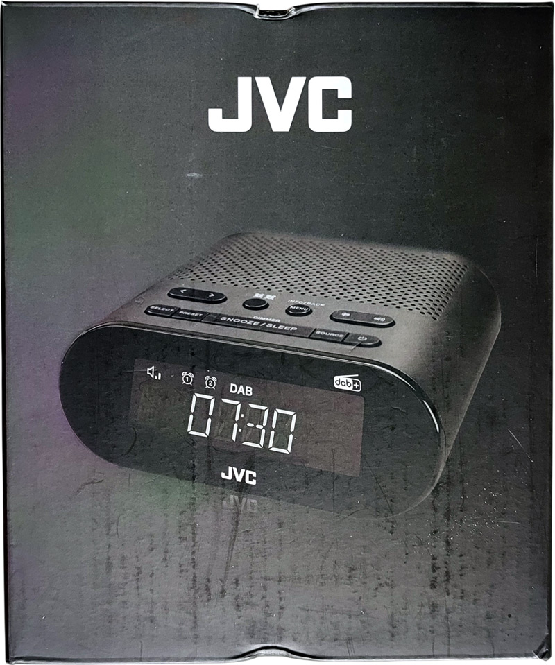 Avant et arrière de la boîte du radio-réveil JVC RA-F223B