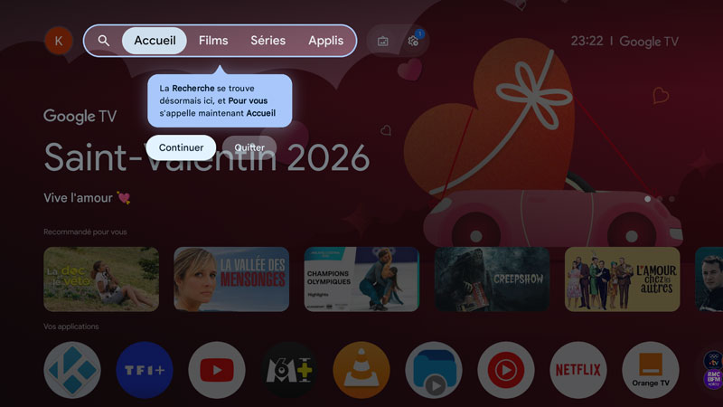 Accueil suite à la mise jour Android TV