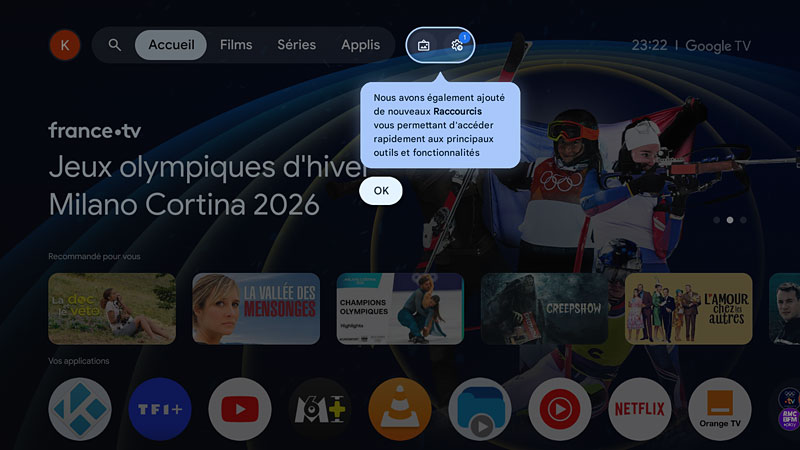 Accueil suite à la mise jour Android TV