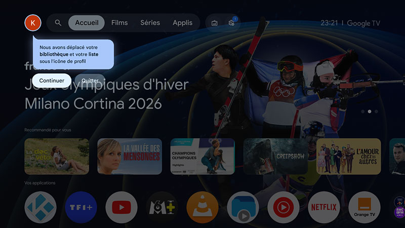 Accueil suite à la mise jour Android TV