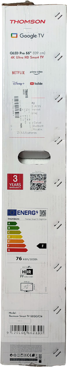 Côté de la boîte de la TV Thomson' 55QG7C14