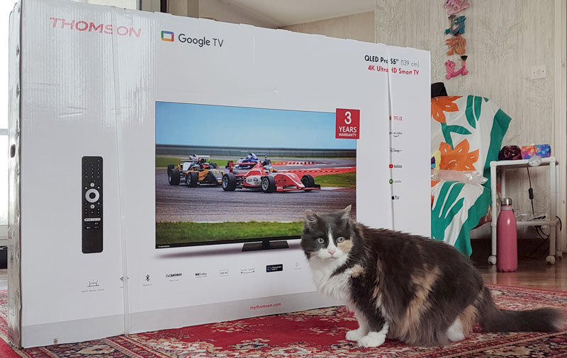 Léa pose devant la boîte du téléviseur Thomson' 55QG7C14