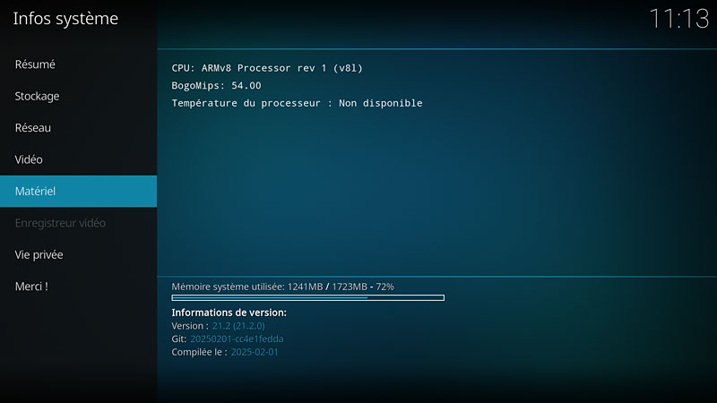 Infos système sous Kodi - Matériel