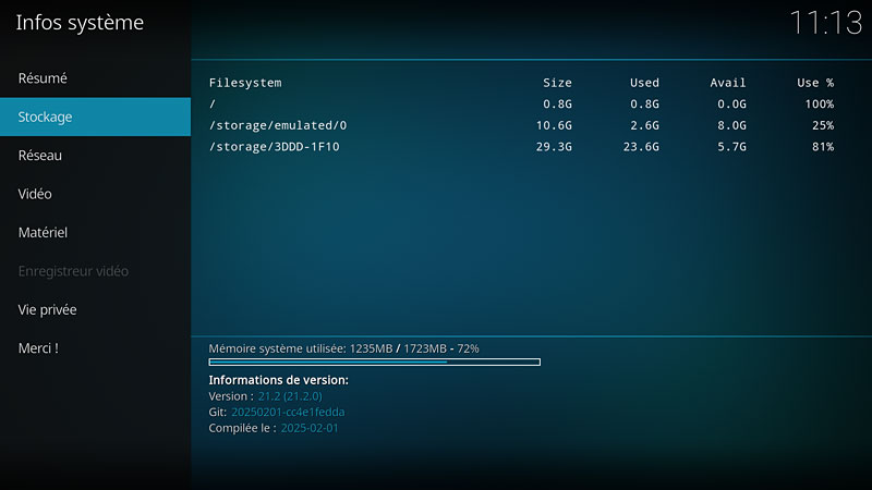 Infos système sous Kodi - Stockage