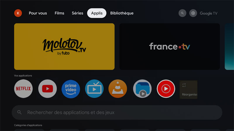 Onglet appli sous Google TV
