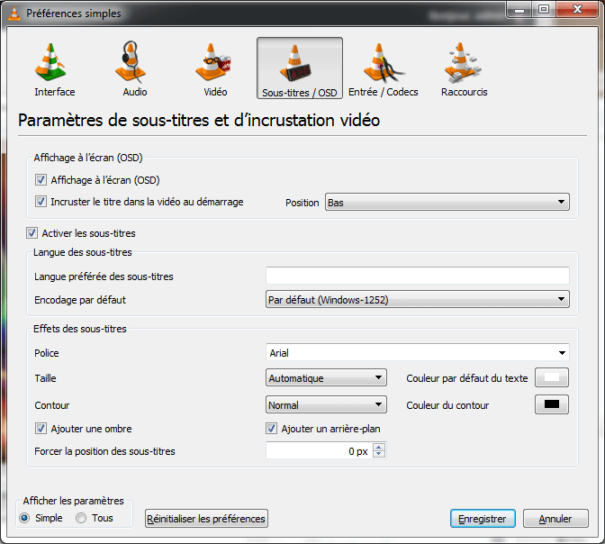 Options de sous-titres dans VLC 3.0.21