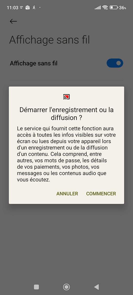 Demande de confirmation affichage sans fil Redmi Note 10 pro
