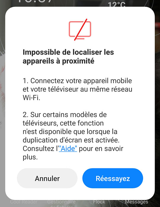 Mode Diffuser - Echec de la recherche des appareils à proximité
