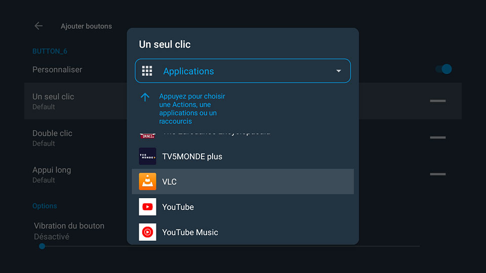 Choix de l'application qui sera lancée par le bouton de la télécommande