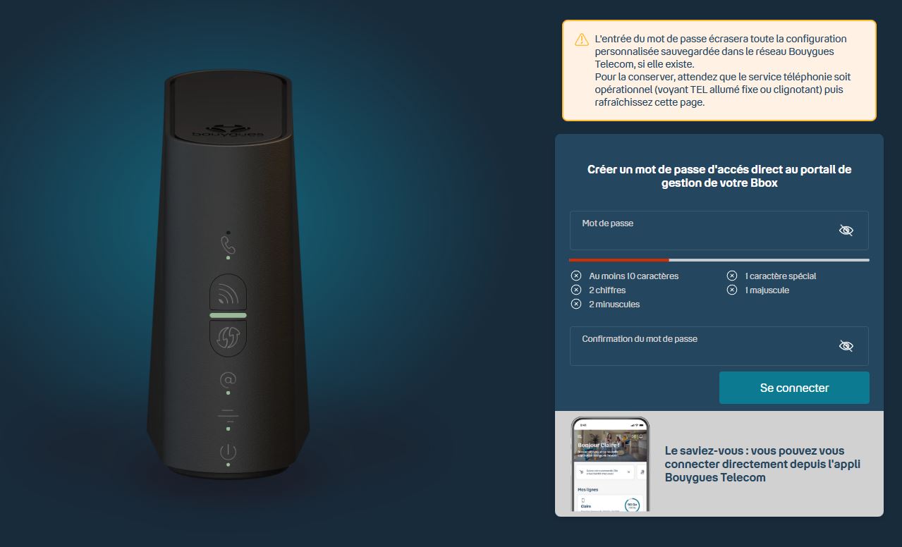 Configuration du mot de passe sur la Bbox
