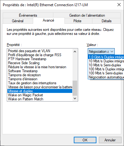 Paramétrage de vitesse de la carte réseau Intel i217
