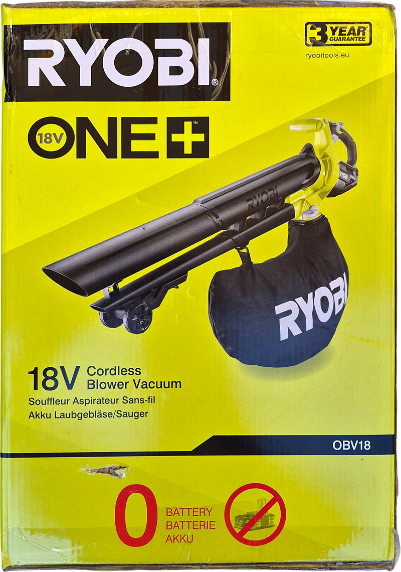 Côté de la boîte du souffleur aspiro-broyeur Ryobi OBV18