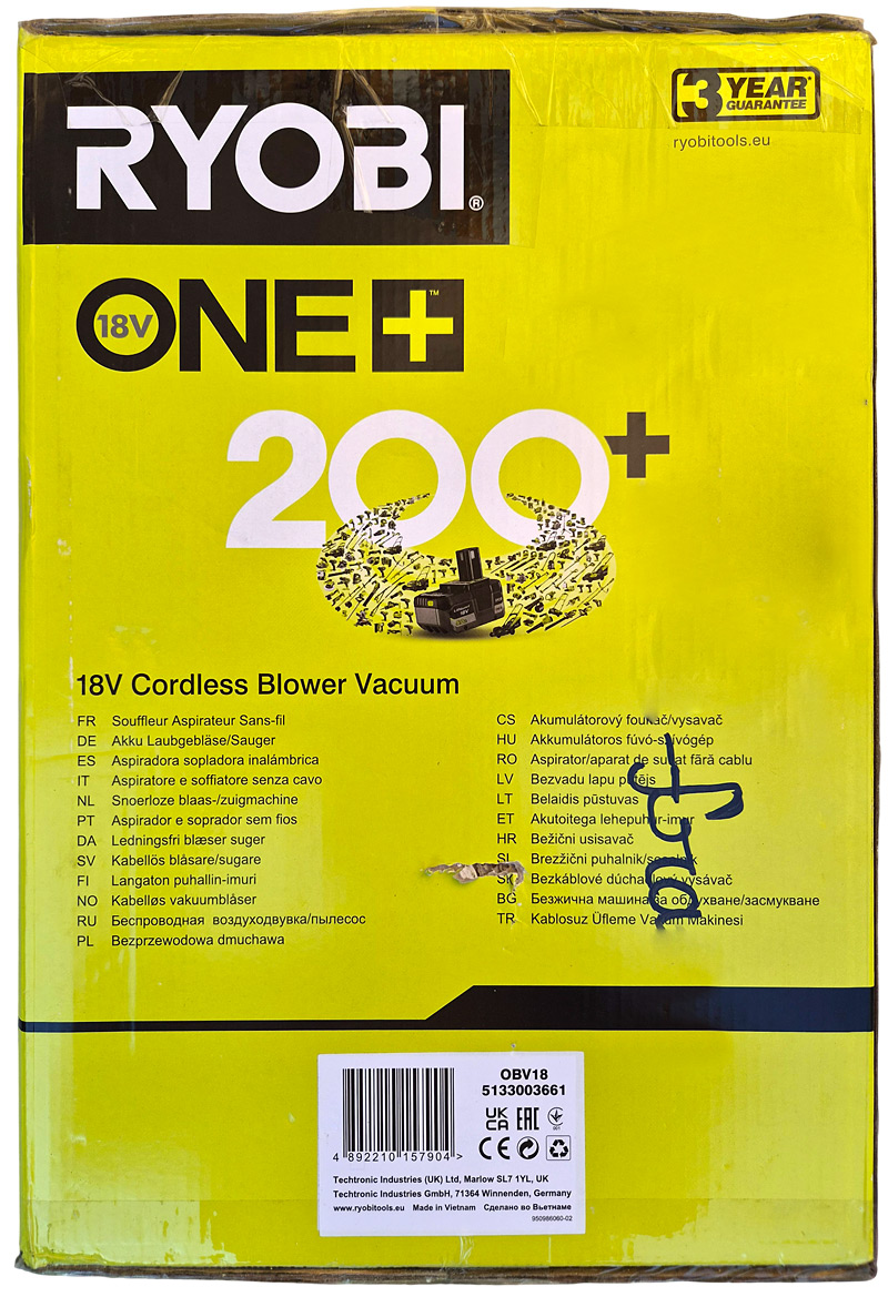 Côté de la boîte du souffleur aspiro-broyeur Ryobi OBV18