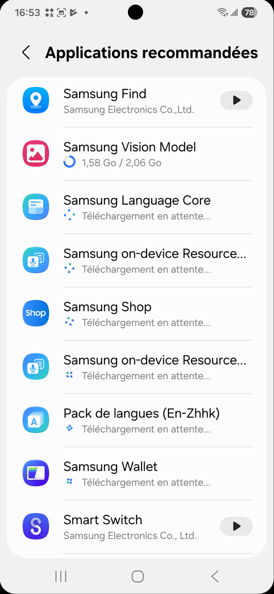 Applis samsung en cours de MAJ sur S25