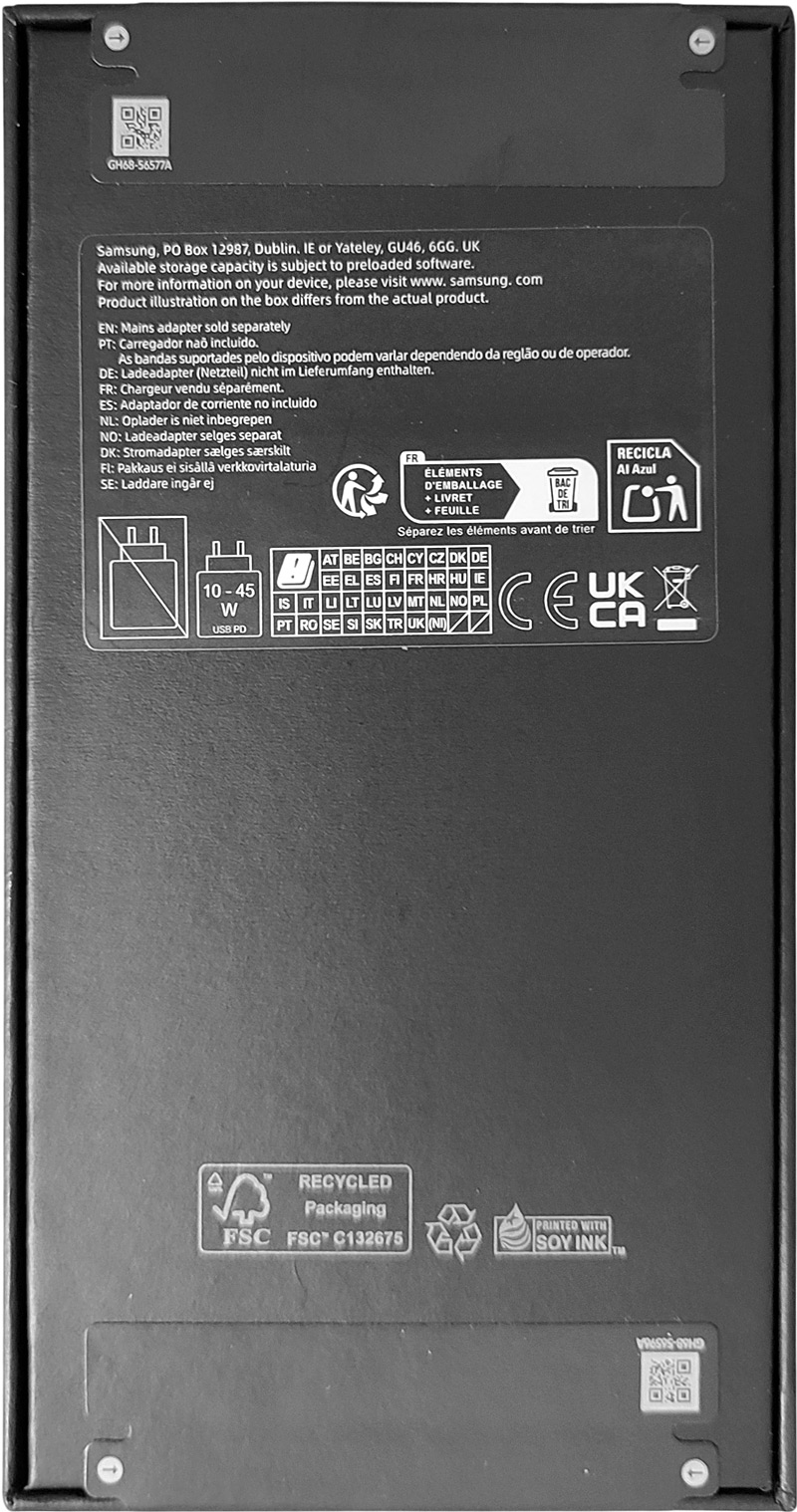 Arrière de la boîte du Samsung Galaxy S25