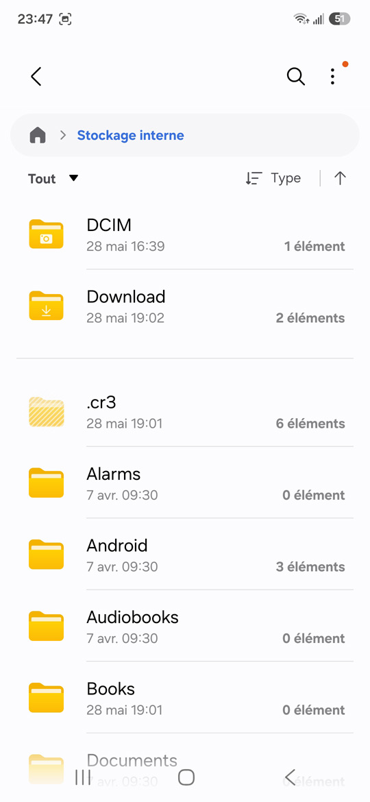 Samsung Galaxy S25 - Gestionnaire de fichiers stockage interne affichage complet