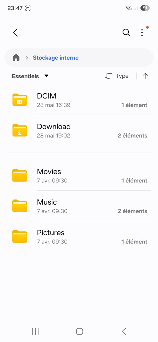 Samsung Galaxy S25 - Gestionnaire de fichiers stockage interne affichage light