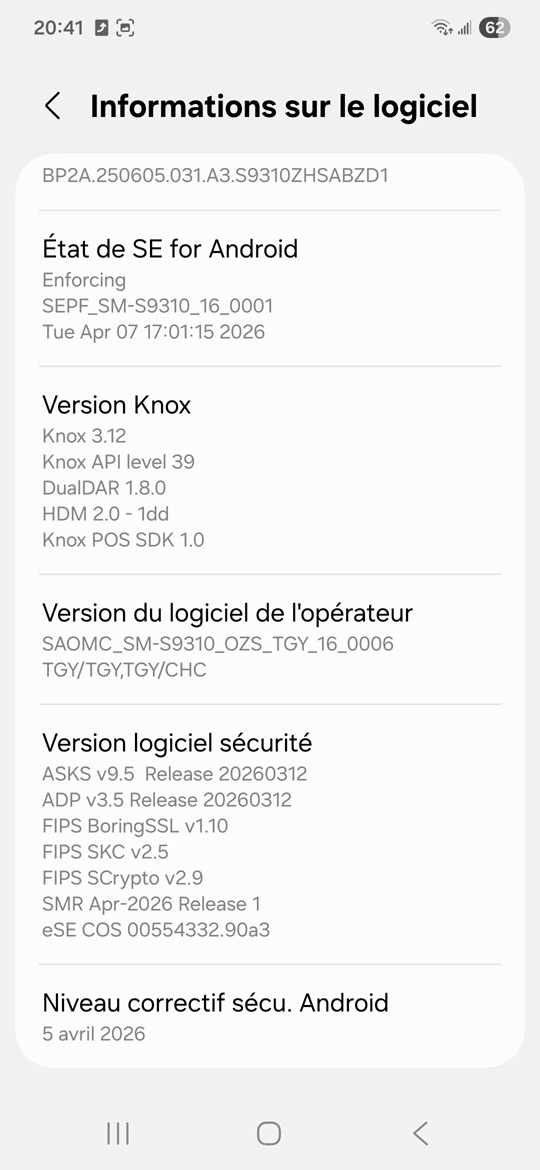 Samsung Galaxy S25 Informations sur le logiciel 