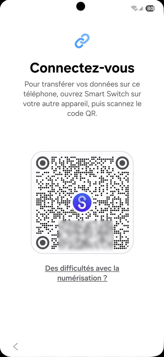 Démarrage du Samsung Galaxy S25 - Smart Switch QR code