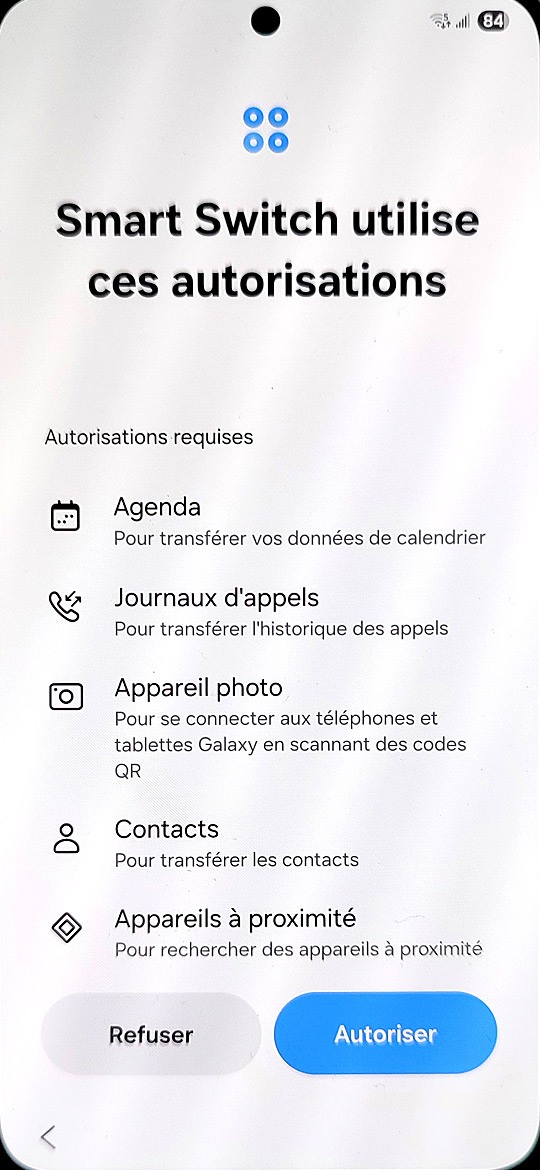 Démarrage du Samsung Galaxy S25 - Smart Switch autorisations
