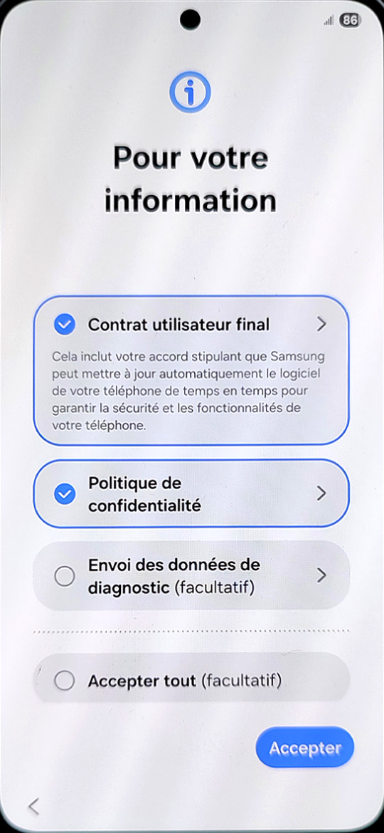Démarrage du Samsung Galaxy S25 - Contrat utilisateur final