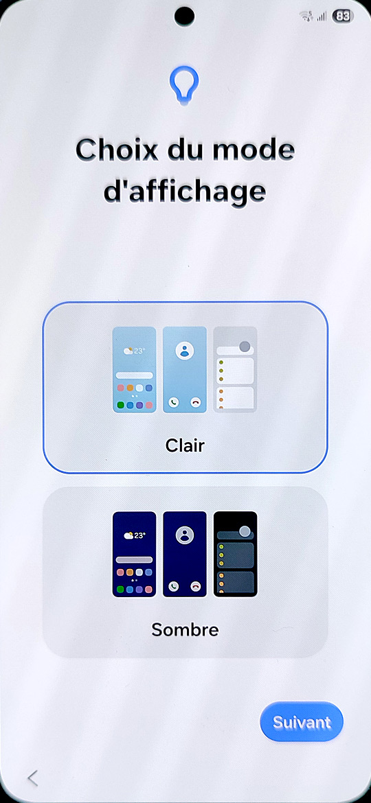 Démarrage du Samsung Galaxy S25 - Choix du mode d'affichage