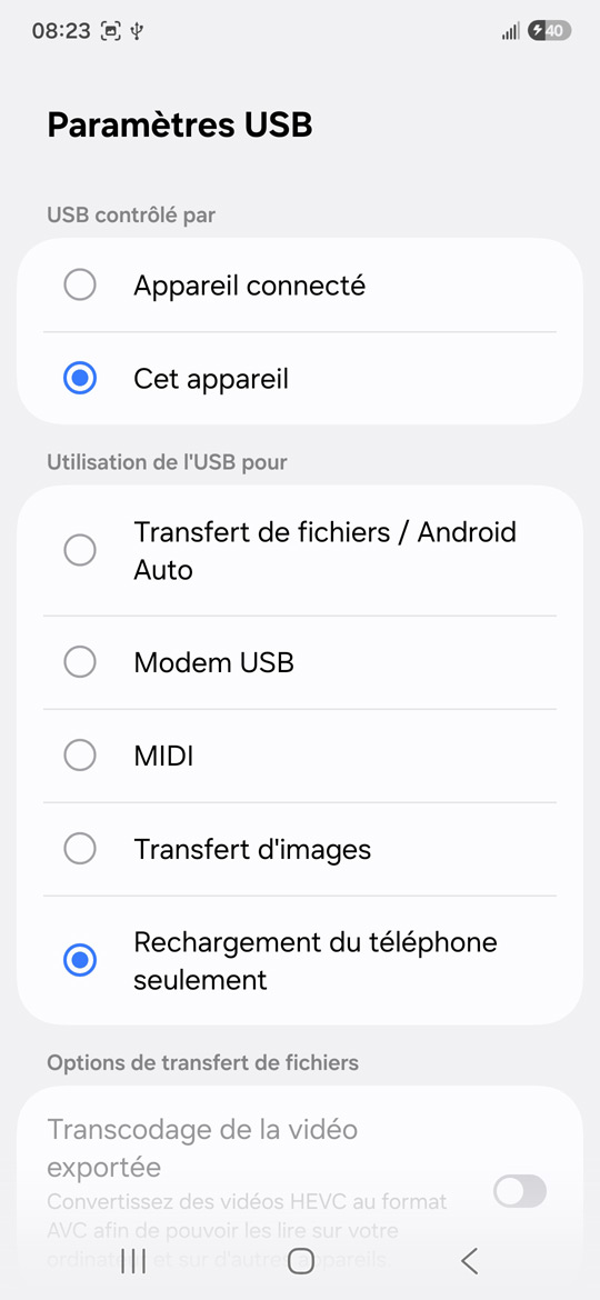 Samsung Galaxy S25 - Paramètres USB