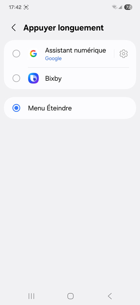 Paramètres fonctions avancées touche latérale menu éteindre