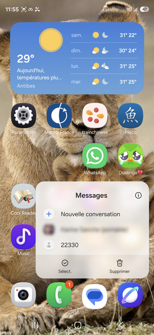 Menu contextuel application SMS