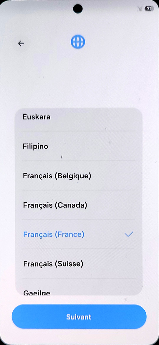 Démarrage du Samsung Galaxy S26 - Choix de la langue