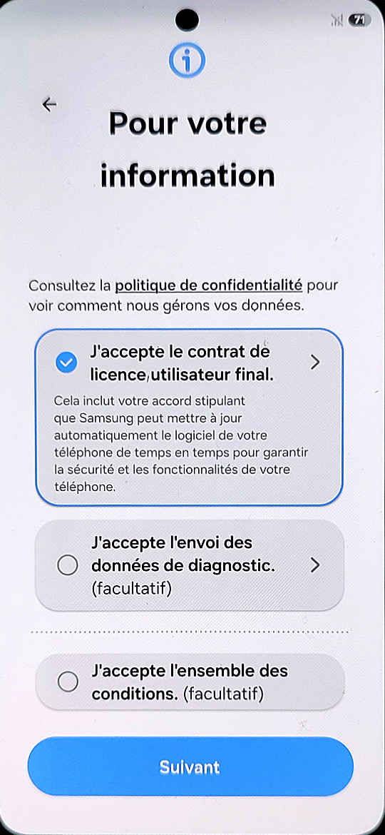 Démarrage du Samsung Galaxy S26 - Contrat utilisateur final