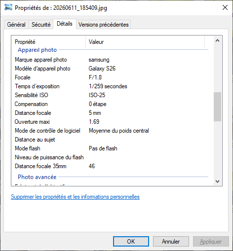 Propriétés d'une photo prise avec le module photo
