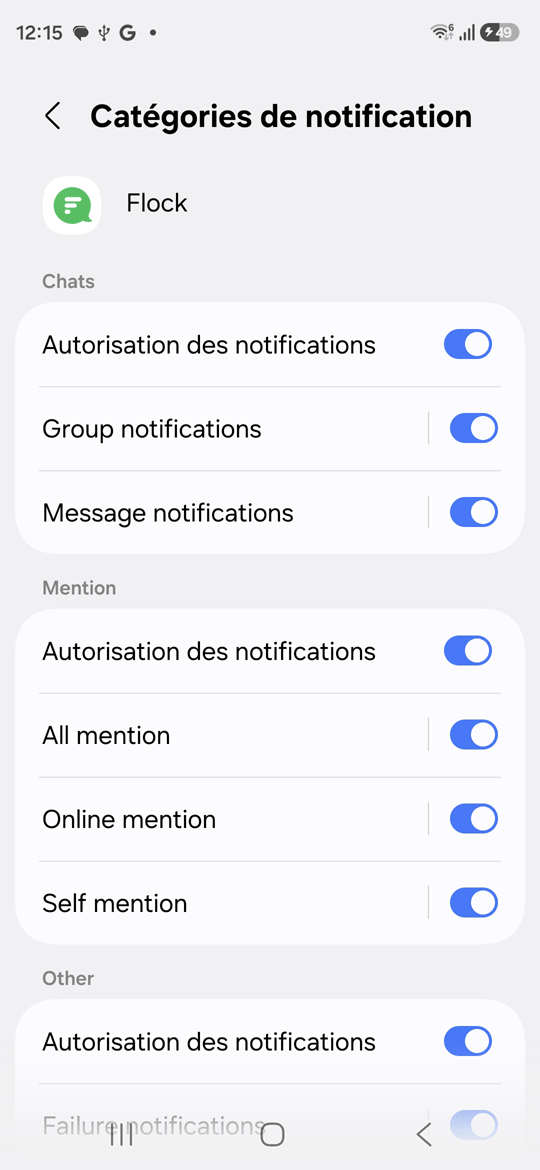 Infos de l'appli Flock catégories de notifications