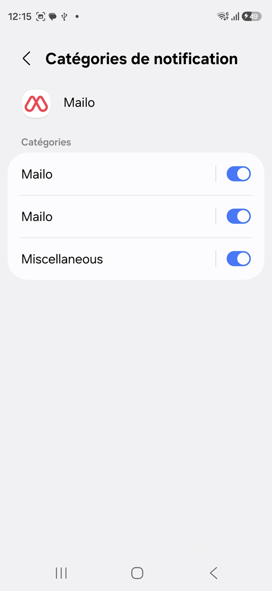 Infos de l'appli Mailo catégories de notifications