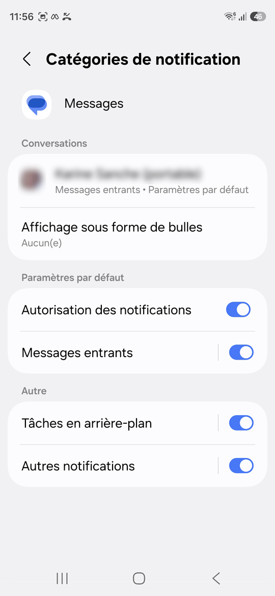 Infos de l'appli SMS catégories de notifications