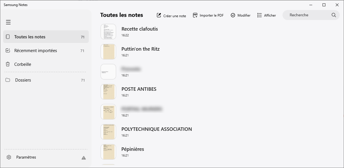 Notes importées dans la version PC de Samsung notes