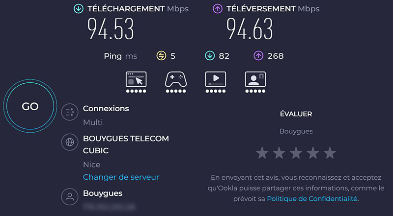 Speedtest en ethernet branché directement à la Bbox