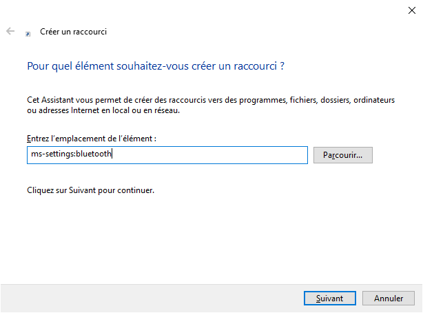 Création d'un raccourci vers les paramètres bluetooth