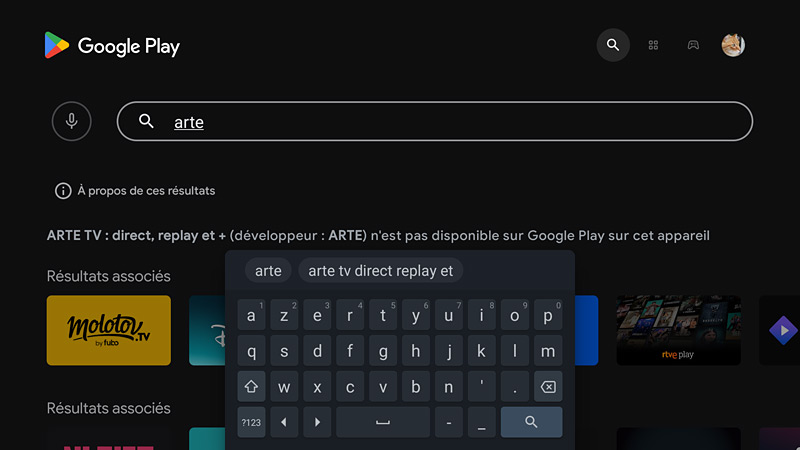 Google play sur la Bbox - Recherche de l'applil Arte