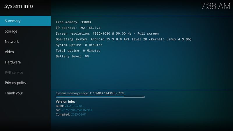 Kodi sur la Bbox TV 4K - Infos système