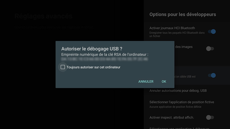 Confirmation de validation du débogage USB pour ce PC
