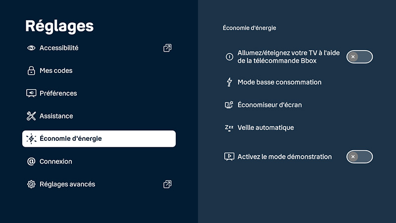 Bbox TV réglages économie d'énergie