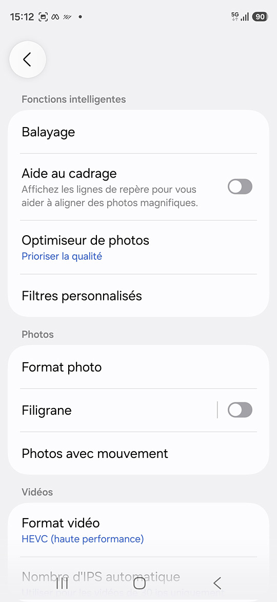 Application caméra du Samsung Galaxy S26 - Paramètres avancés
