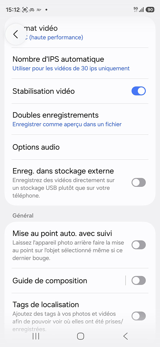 Application caméra du Samsung Galaxy S26 - Paramètres avancés