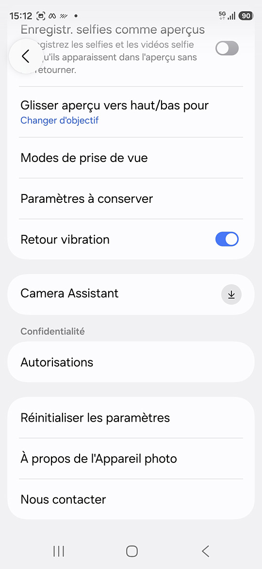 Application caméra du Samsung Galaxy S26 - Paramètres avancés